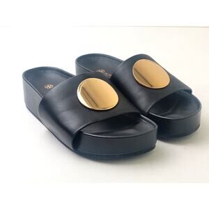 Tory Burch Patos Platform Black Leather Slides w Gold Medallions Women's Sz 7.5